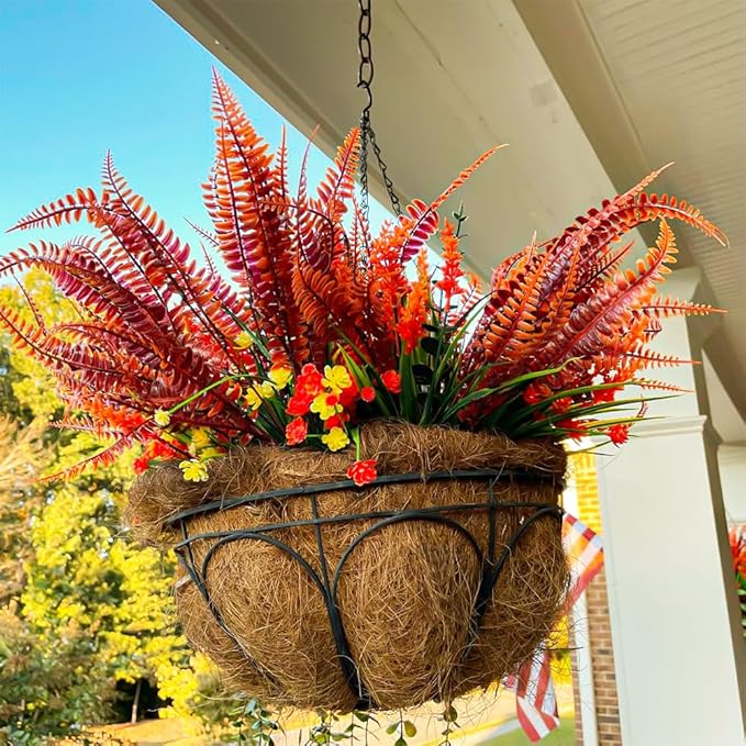 4pcs Outdoor Artificial Plants Fake Boston Fern Plant Artificial Ferns for Outdoor UV Resistant Plastic Plants (4, Red)