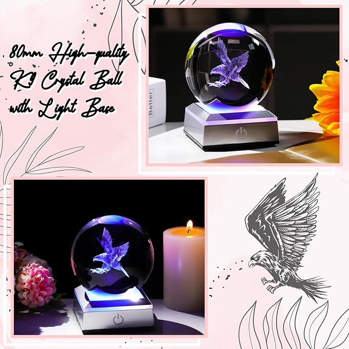 3.15"/ 8CM Crystal Ball 3D Engraved Eagle Gifts for Men Kids Glass Sphere with LED Colorful Base Ideas on Birthday Christmas Graduation for Him Home Decor Figurine