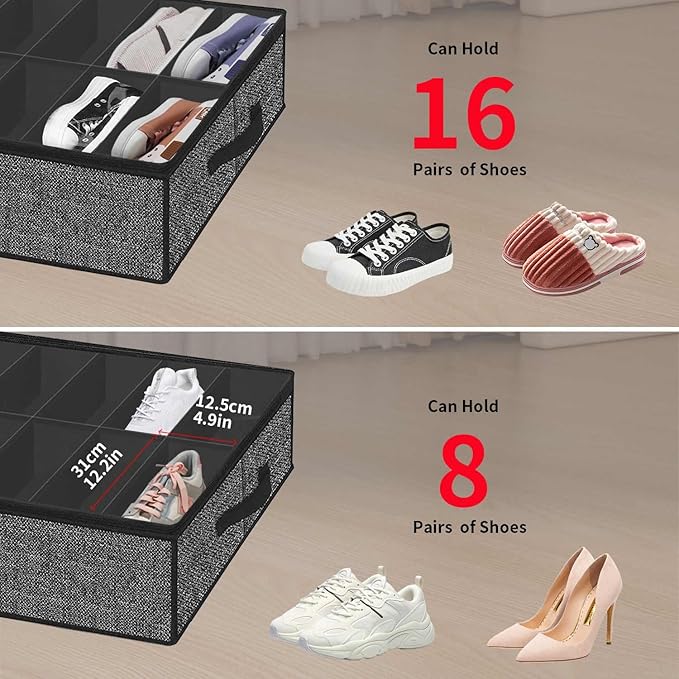 Onlyeasy Sturdy Under Bed Shoe Storage Solution Organizer For Closet Fit 16x2 Pairs, Underbed Shoes Container Bags with Reinforced Handles, Breathable, Linen-like Black, MXAUBS16P2