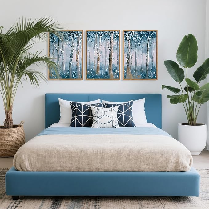 CHDITB Birch Trees Framed Canvas Wall Art Set, Blue Tree Abstract Nature Wall Decor,Blooming Birch Dreamy Forest Wall Painting, Vintage Landscape Art Prints for Living Room Bedroom Office-16 x24 x3