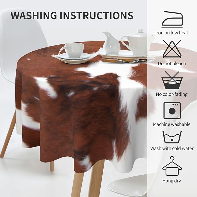 Cow Print Tablecloth Round 60 Inch Vinyl Spring Cowhide Table Cloths for Parties Waterproof Fabric Brown Animal Print Tablecloths Decorative for Holiday Home Party Wedding Picnic