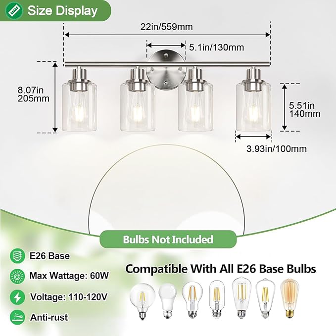 4-Light Bathroom Light Fixtures, Brushed Nickel Modern Vanity Lights Over Mirror with Clear Glass Shade, Bathroom Wall Lamp for Mirror Kitchen Living Room Hallway Cabinet Porch Bedroom Reading room