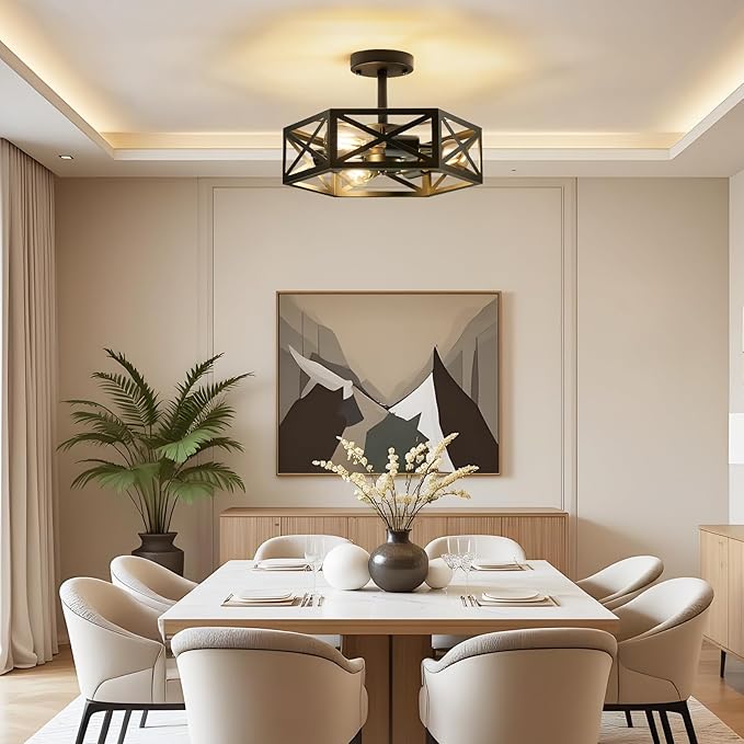 Modern Semi Flush Mount Ceiling Light,3-Light Hexagon Flush Mount Ceiling Lights for Dining Room Light Fixture,Farmhouse Black Metal Kitchen Island Lighting Fixtures for Hallway,Bathroom