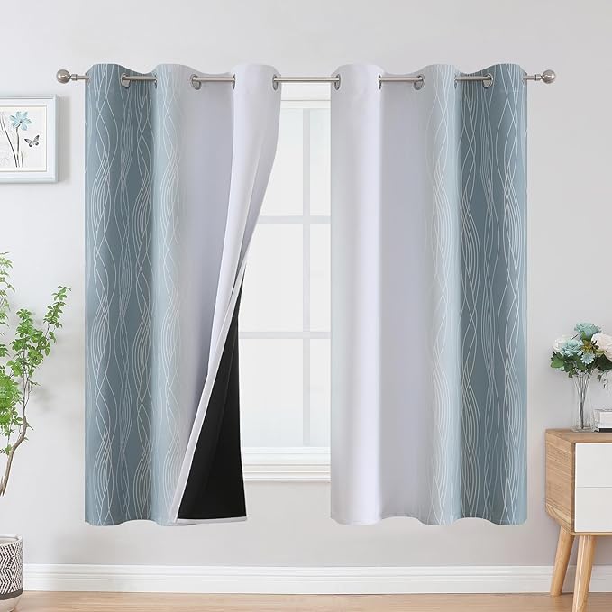 Estelar Textiler Stone Blue and Greyish White Blackout Curtains & Drapes for Bedroom, Thermal Insulated Ombre Blackout Drapes, Room Darkening Energy Saving Curtains for Living Room, 42Wx63L, 2 Panels