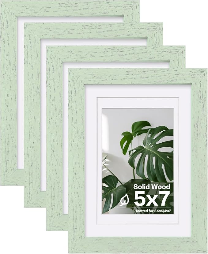 Egofine 5x7 Picture Frames Set of 4, Made of Solid Wood Covered by Plexiglass 3.5x5 and 4x6 with Mat or 5x7 without Mat, for Table Top Display and Wall Mounting Photo Frame Rustic Green
