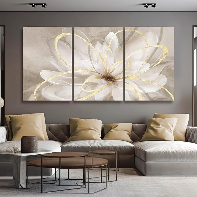Kureful Large Pictures for Living Room Neutral Wall Art Artwork for Walls Canvas Art Gold Flowers Wall Decor for Girls Women Room Decor 24"x 36"x 3