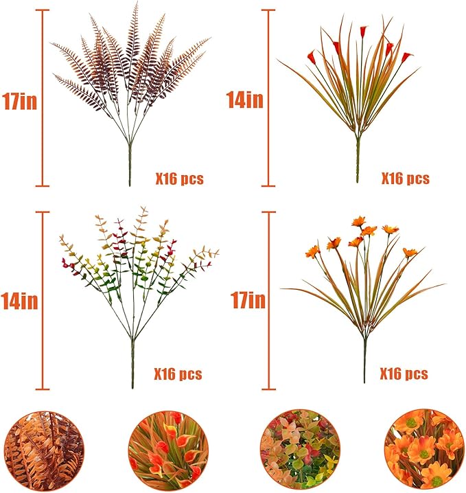 64 Pcs Artificial Fall Flowers - UV Resistant Fake Mums Outdoor Faux Plants for Home Garden Patio Porch Window Box Thanksgiving Decor