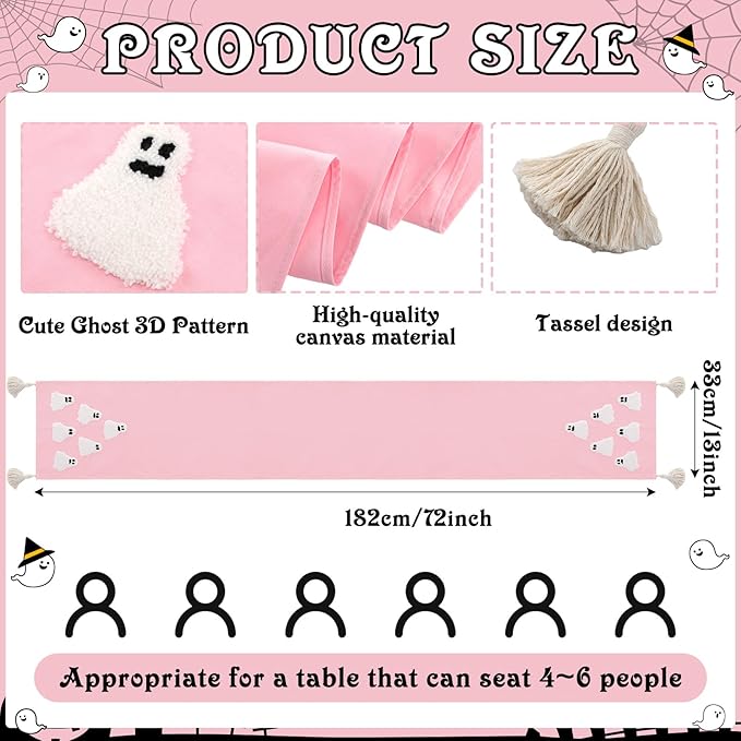 Breling Halloween Ghost Table Runner Jacquard Cute Ghost Halloween Dinner Table Runner Fall 3D Embroidered Kitchen Dining Decoration for Kitchen Farmhouse Holiday Party Decor 13x72" (Pink)