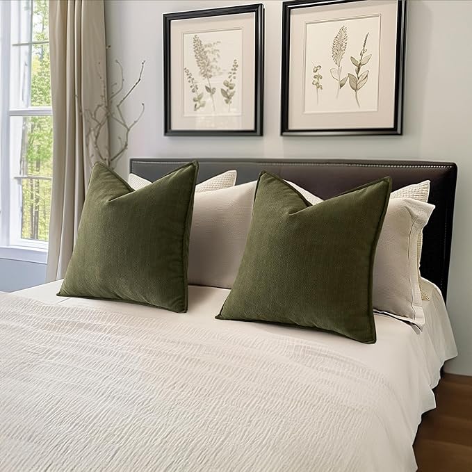 MIULEE Pack of 2 Olive Green Decorative Pillow Covers 24x24 Inch Soft Chenille Luxurious Couch Throw Pillows Boho Cushion Covers Euro Shams with Elegant Design for Sofa Bed Living Room Home Decor