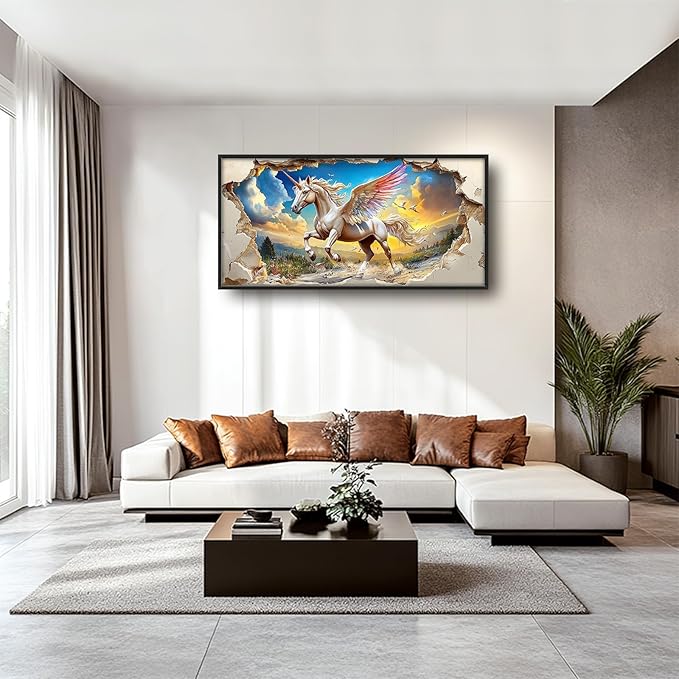 Framed Large Wall Art for Living Room, Unicorn Canvas Wall Decor, Large White Horse Pictures Framed Painting, Natural Landscape Artwork for Bedroom Office Home Decor 60L'' × 30W''