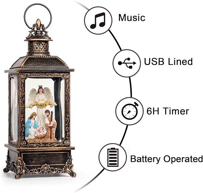 Christmas Snow Globe Swirling Glittering Angel & Nativity Scene with Music, USB Lined/Battery Operated Lighted Water Lantern for Christmas Festival Decoration Gifts