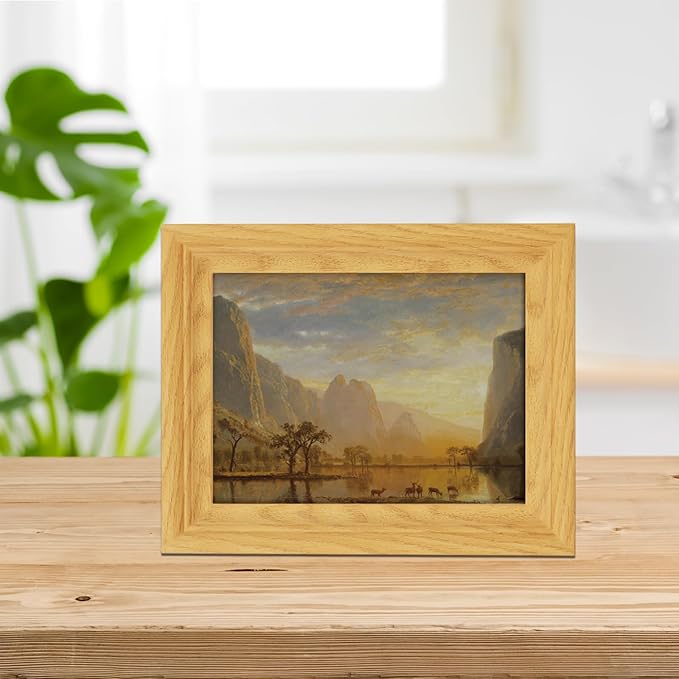 Brivoria Framed Canvas Wall Art Vintage Decor, Romantic Autumn Landscape with Golden Mountains, Deer, Lake Reflection and Canoe at Sunset for Bedroom Entryway Shelf or Tabletop Fall Display, 8"x10"