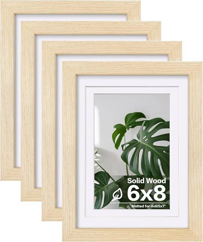 Egofine 6x8 Picture Frames Set of 4, Made of Solid Wood Covered by Plexiglass 4x6 and 5x7 with Mat or 6x8 without Mat, for Table Top Display and Wall Mounting Photo Frame Oak Wood