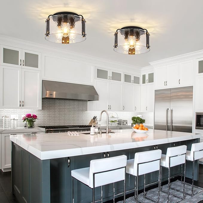 TOULMJ 15'' Semi Flush Mount Ceiling Light, Black Morden Hallway Light Fixture 3-Light Ceiling Light Fixture with Seeded Glass Shade for Dining Room Hallway Entryway Bedroom Laundry Room