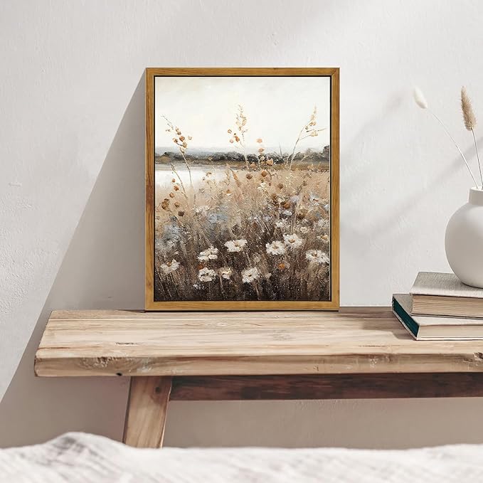 KBKBART Vintage Wall Art Framed, Retro Countryside Autumn Wildflower Field Landscape Canvas Painting Farmhouse Decor Wall Art, Rustic Fall Landscape Bathroom Wall Decor for Bedroom Living Room,