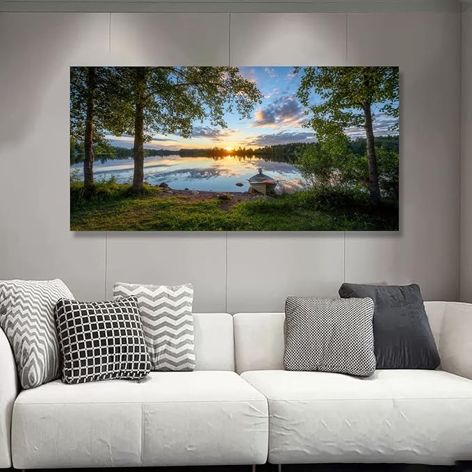 Tree Canvas Wall Art of a Sunrise Over a Forest Lake 20x40inches Nature Inspired Painting Perfect for Wall Decoration in Living Room and Bedroom Trees and Landscape Picture Artwork Prints
