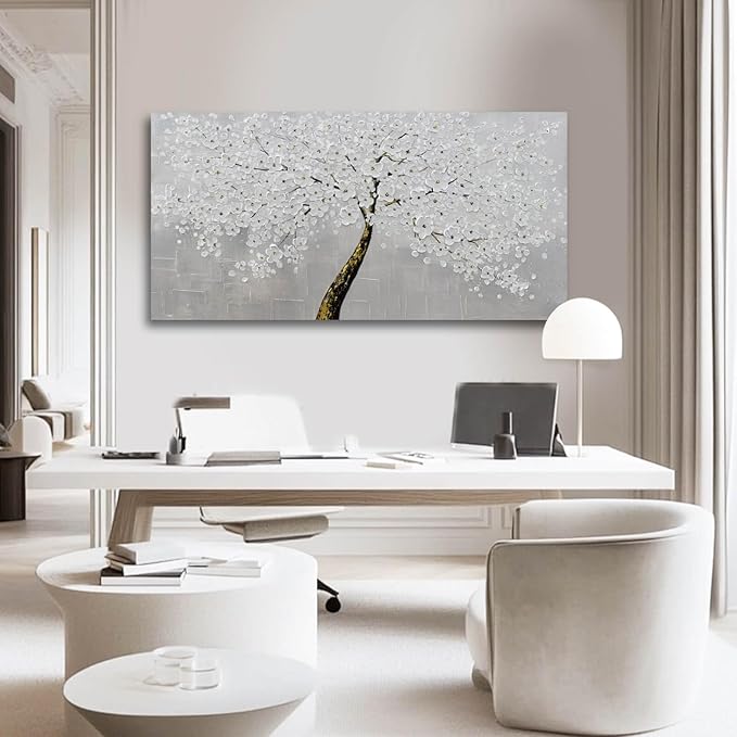 VAYIMDH White Flowers Wall Art Canvas Painting Black with Gold Tree Prints for Bedroom Contemporary Wall Decor for Living Room 24"x 48" Ready to Hang