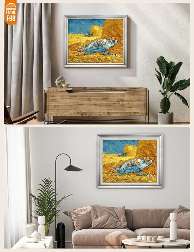 DECORARTS - Noon: Rest from Work, Vincent Van Gogh Art Reproduction. Acid Free Cotton Canvas Giclee Print w/Bronze Frame&Mat for Wall Decor.