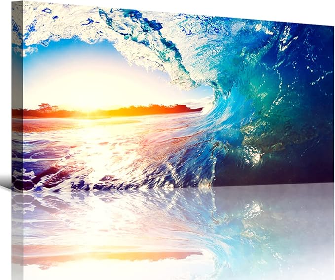 Canvas Wall Art Sea Waves Ocean Landscape Picture Print Wall Art Modern Giclee Artwork Home Decor Stretched and Framed Ready to Hang,2.5cm Thick Frame, Waterproof Artwork