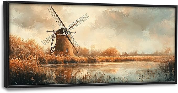 Landscape Framed Wall Art for Living Room, Large Holland Windmill Canvas Wall Decor, Country Farmhouse Pictures Painting, Modern Artwork for Bathroom Bedroom 60L'' × 30W''
