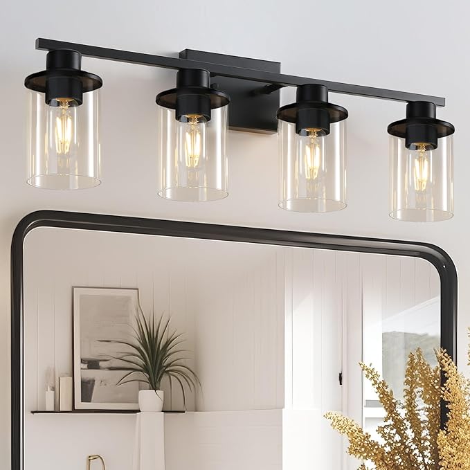 LOUSACE 4 Light Bathroom Vanity Light, Matte Black Bathroom Light Fixtures, Modern Bathroom Lights Over Mirror with Clear Glass Shade, Wall Sconce Lighting for Bedroom Living Room