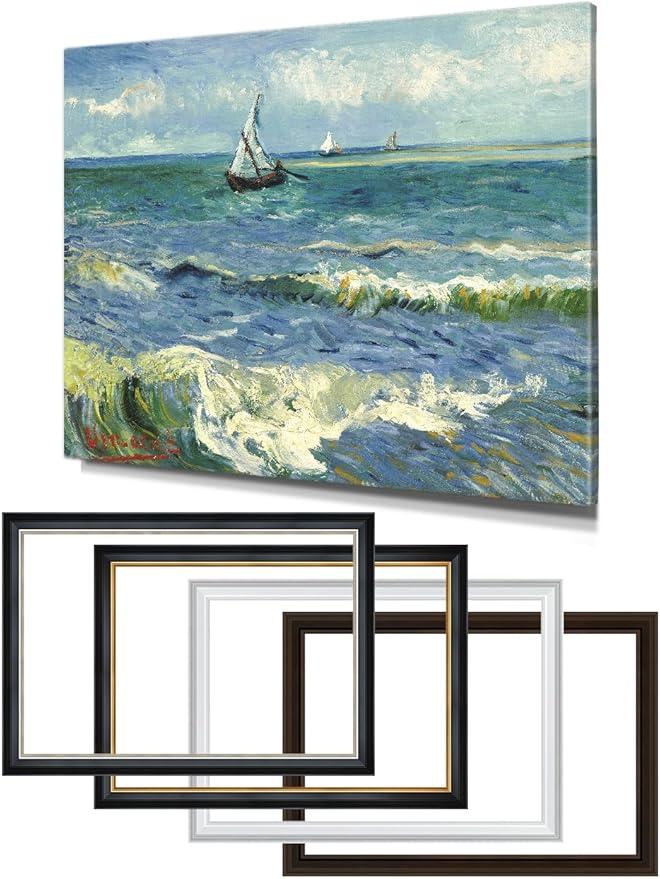 DECORARTS - The Sea at Les Saintes-Maries by Vincent Van Gogh, Large Giclee Canvas Print with Solid Wood Frame, Oversized Wall Art Decor