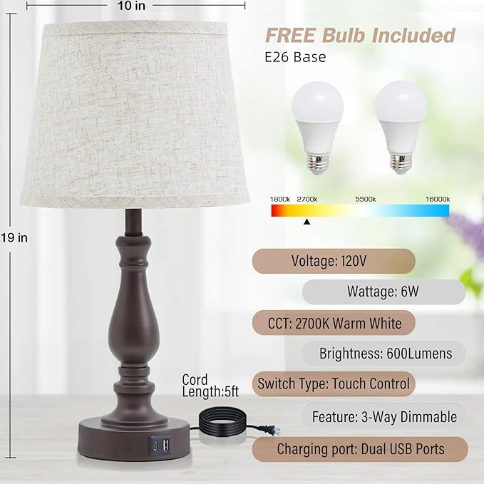 Table Lamps for Bedrooms Set of 2 - Touch Bedside Lamps with USB C+A Ports - 3 Way Dimmable Nightstand Lamps for End Tables Farmhouse Night Stand Lamps for Living Room Bed Side Guest Room