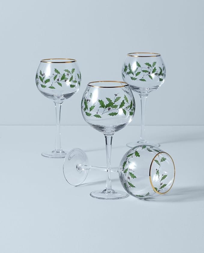 Lenox Drinkware, Holiday 4-Piece Wine Balloon Glass Set, Set Of 4, 16 Oz Capacity, Made From Glass, Festive Red Christmas Design, Hand Wash Only, Christmas Decorations, Winter Decor (4 Piece)