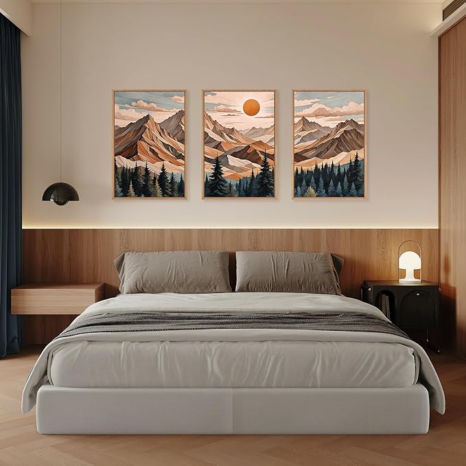 KAIRNE Mountain Framed Wall Art Set of 3, Wooden Mountain Forest Wall Decor, Boho Pine Tree Landscape Wall Painting, Woodcut Wilderness Scenery Art Prints for Living Room, Bedroom, Office -24"x36"