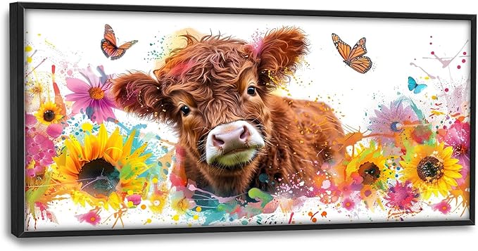Flintis Large Highland Cow Wall Art Cow Sunflower Pictures Wall Decor Abstract Animal Canvas Painting Print Artworks Decorations Framed for Living Room Bathroom Master Bedroom Office 60L x 30W