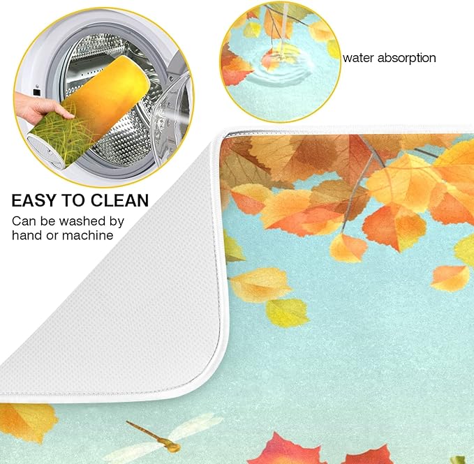 Autumn Thanksgiving Day Pumpkins Maple Dish Drying Mat for Kitchen Counter 18 x 24 Inch Flowers Dragonfly Leaves Dry Dishes Pads Mats Absorbent Countertops Counter Tableware Mat Protector Home Decor