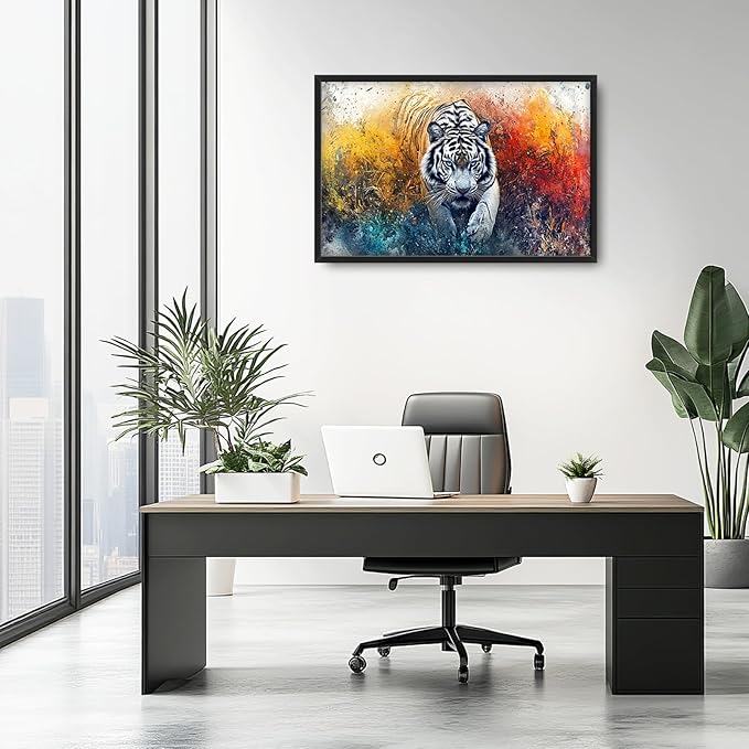 Extra Large Framed Abstract White Tiger Wall Art,Oversized Colorful Cool Tiger Wall Decor,Wild Animal Pictures for Living Room,Canvas Print Painting Modern Artwork Bedroom Office Bathroom 36L x24W