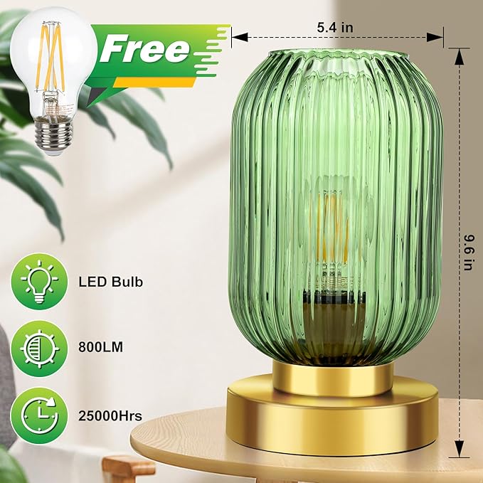 Touch Control Mid Century Modern Table Lamp, 3 Way Dimmable, Green Glass, Small Gold, Vintage Bedside Lamp for Bedroom, Living Room,Office
