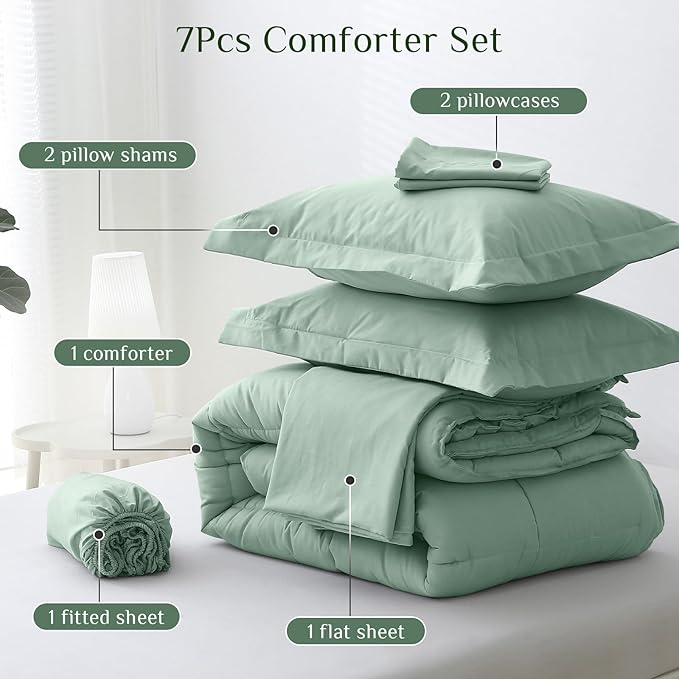 JOLLYVOGUE Queen Comforter Set, Ultra-Soft Bed in a Bag Queen Size 7 Pieces, Oeko-TEX Certified Bedding Set with Down Alternative Comforter, Sheets, Pillowcases & Shams, Sage Green