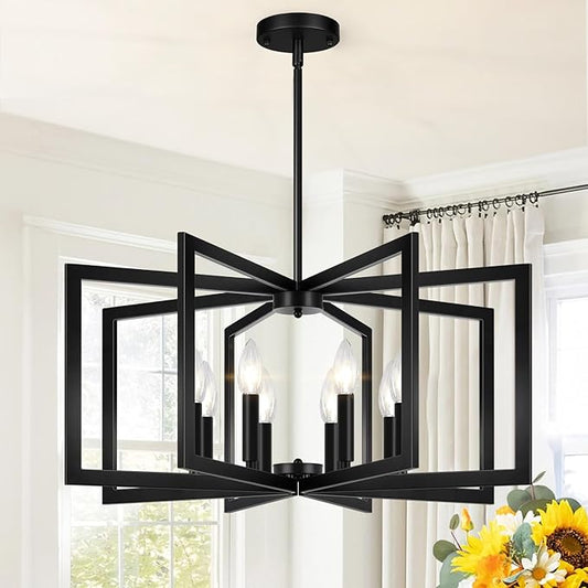 28" Modern Large Black Chandelier for Dining Room (8-Light, 28-Inch), Geometric Black Dining Room Light Fixture Over Table, Industrial Metal Hanging Pendant Lights for Kitchen Island, Entryway, Foyer