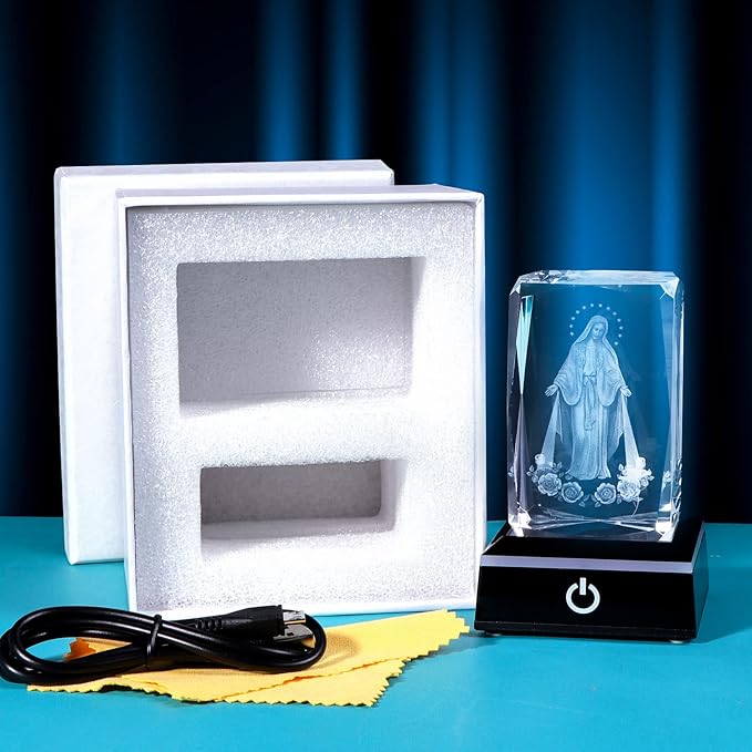 Movdyka 3D Crystal Virgin Mary Statue Religious Gifts for Women Men Christian Laser Engrave Religious Figurine Christmas Ornaments Decor with Colorful LED Base Catholic Gifts Women Friends Faith