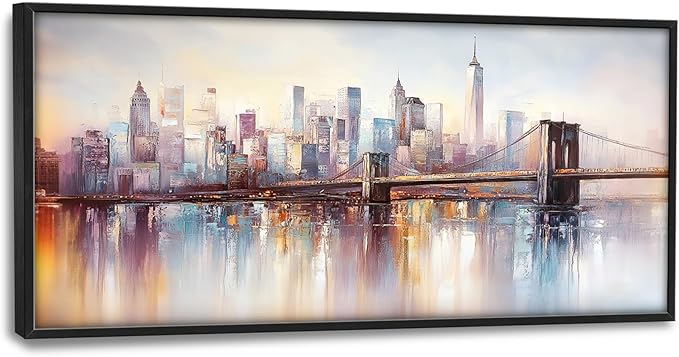 Olivine Large Wall Art, Brooklyn Bridge Pictures Wall Decor, New York Cityscape Canvas Prints Painting, Framed Artwork for Bathroom Bedroom Living Room Office Home Decoration 60"x30"