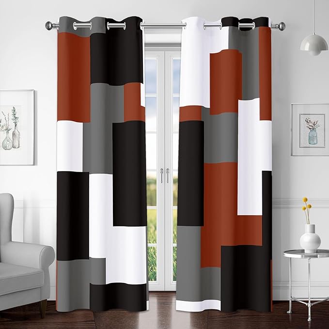 Burnt Orange 100% Blackout Curtains for Bedroom 72 inch Length 2 Panels Set Grey Modern Abstract Geometric Fall Black Out Curtains Insulated Room Darkening Window Drapes for Living Room, 42Wx72L
