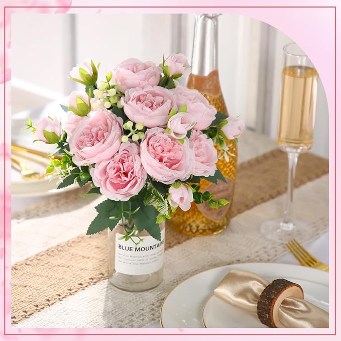 Geosar 2 Bundles Artificial Peonies Flowers Fake Silk Peony Bouquet Faux Peonies Flowers Bulk for Decoration Vase Florals Arrangements Wedding Party Table (Pink)