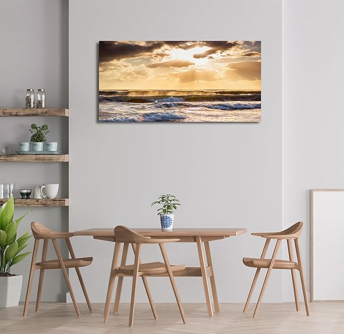 Sunset Ocean Canvas Wall Art - Ocean Waves Wall Decor Glow Sea Scene Picture Painting Nature Landscape Prints Sunset Over the Ocean Painting Artwork Living Room Bedroom Office Home 20" x 40"