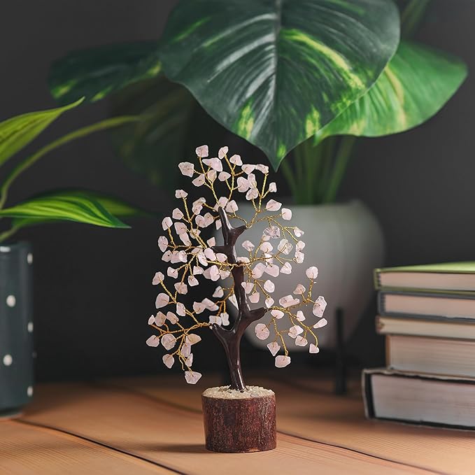 NARIBABU Rose Quartz Crystal Tree (7–8 Inch, 100 Chips) – Handmade Gemstone Tree with Raw Stones & Golden Wire – Birthday Gifts for Women, Gift for Her, Spiritual Decor, Desk Decor