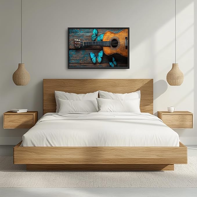 Olivine Music Wall Art, Guitar Pictures Wall Decor, Butterfly Painting, Vintage Musical Instruments Canvas Prints, Framed Artwork for Bathroom Bedroom Living Room Office Home Decoration 36"x24"