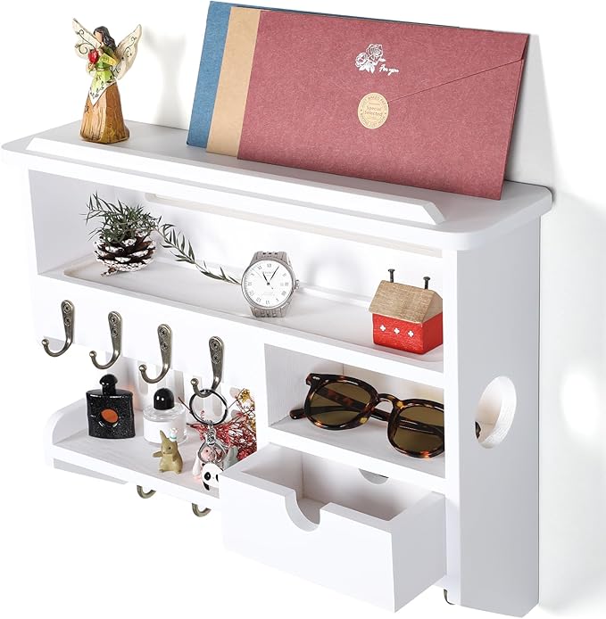 Key Holder for Wall, Mail Organizer Wall Mount with Storage Drawer and 10 Hooks, Easy Installation Key Holder Wall Mount for Home Decor, White