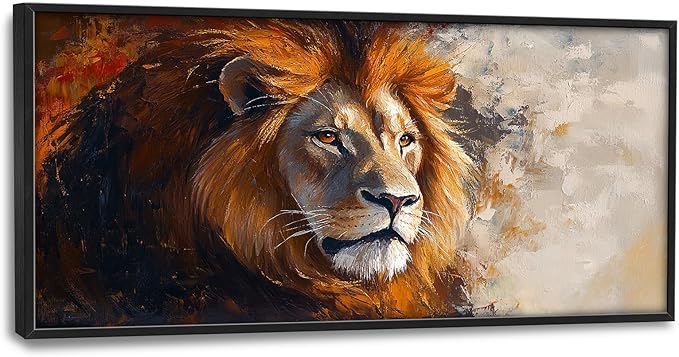 Lion Framed Wall Art for Living Room, Large Brown Lion Canvas Wall Decor, Wild Animal Pictures Painting, Modern Artwork for Bathroom Bedroom Office 60L'' × 30W''