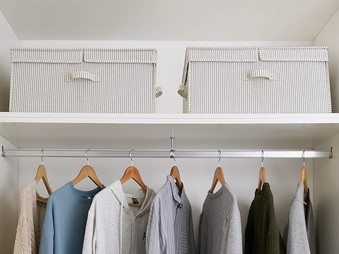 StorageWorks Extra Large Storage Bins with Lids, 55L Decorative Organizer with Divider Board, Fabric Boxes with Handles, Gray and White Stripes, 2-Pack