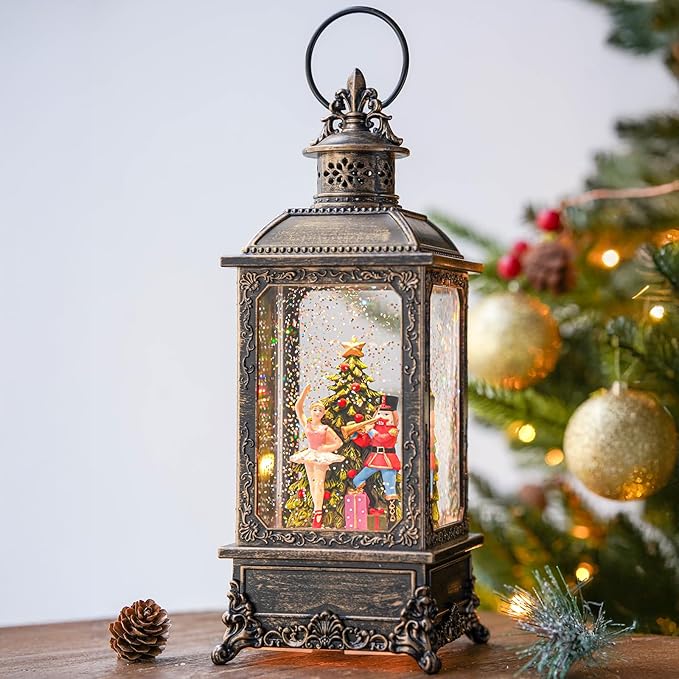 Christmas Snow Globe Lantern Water Glittering Nutcracker Ballerina with Music & Timer, USB Lined/Battery Operated Lighted Lantern for Christmas Festival Decoration Gifts