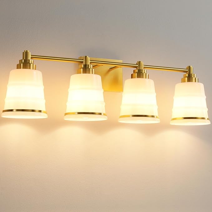 Gold Bathroom Vanity Light Fixture, 4 Light Bathroom Light Fixtures Over Mirror with Milky White Glass and Metal Base Wall Sconce, 29.1 inch Modern Vanity Light for Bathroom(Exclude E26 Bulb)