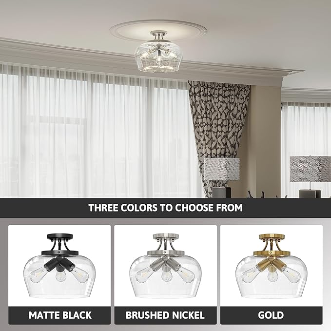 VONLUCE Semi Flush Mount Ceiling Light, 13.8" Ceiling Light Fixture with Clear Glass Shade, E26 Base, 3-Bulb Industrial Lighting Fixture for Dining Room Hallway Entryway Bedroom, Brushed Nickel