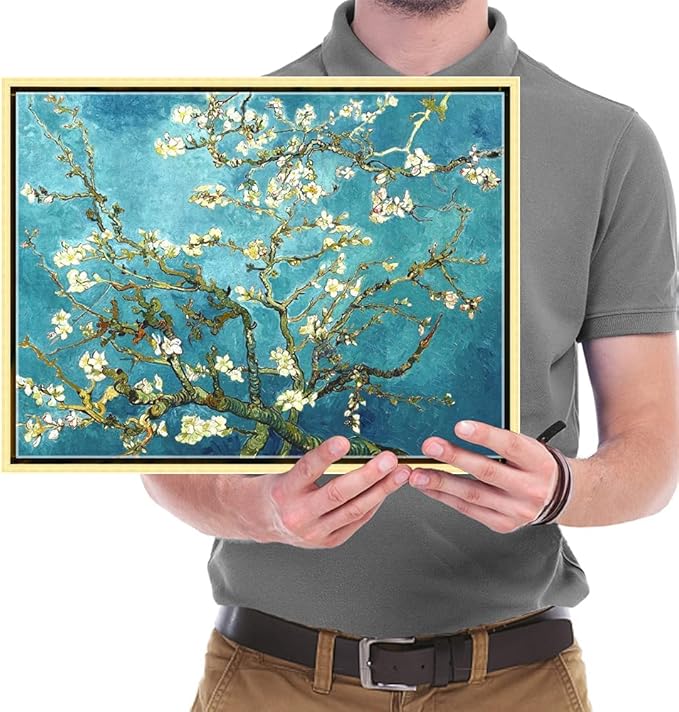 Wieco Art Framed Wall Art Canvas Prints of Almond Blossom by Vincent Van Gogh Paintings Reproduction Abstract Artwork for Wall Decor Golden Frame