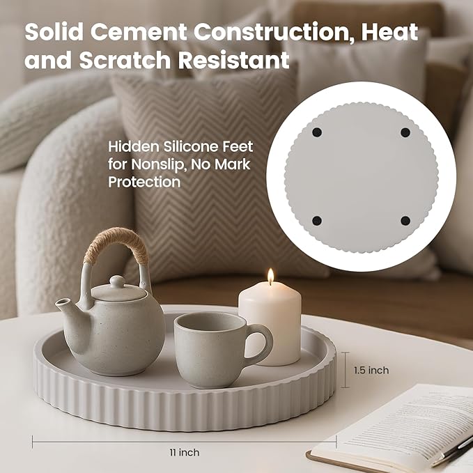 Decor Tray for Coffee Table Decor, Round Serving Circle Concrete Large Stone Trays for Minimalist Home Modern Dining Centerpiece Bathroom Kitchen Island Counter Contemporary